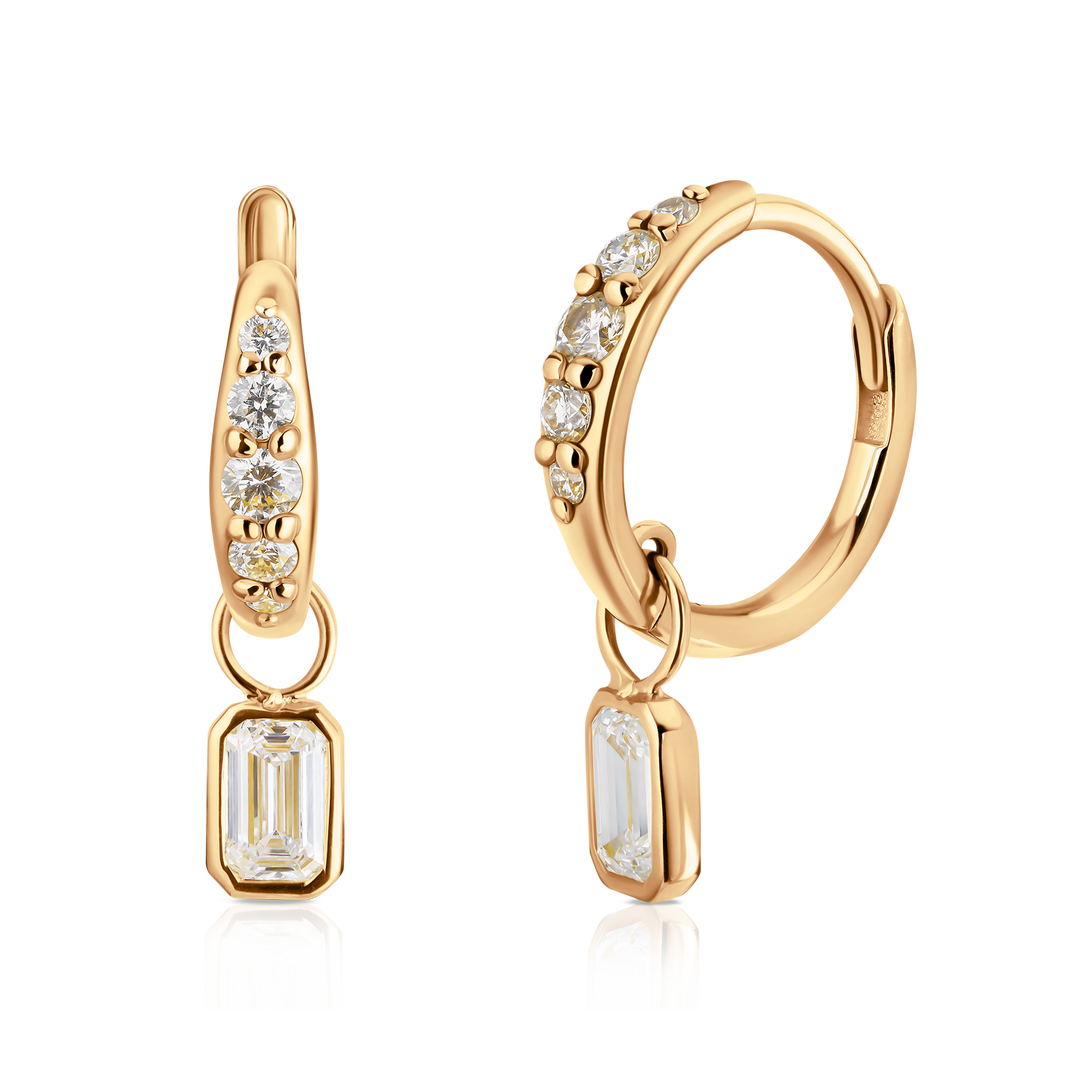Emerald Cut Diamond Charm Pave Huggie Hoops
