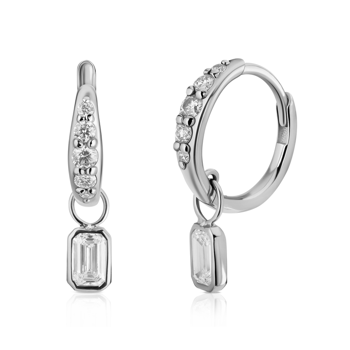 Emerald Cut Diamond Charm Pave Huggie Hoops
