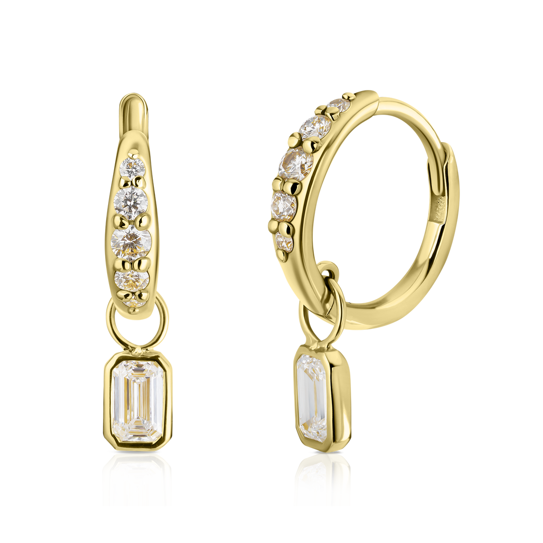 Emerald Cut Diamond Charm Pave Huggie Hoops