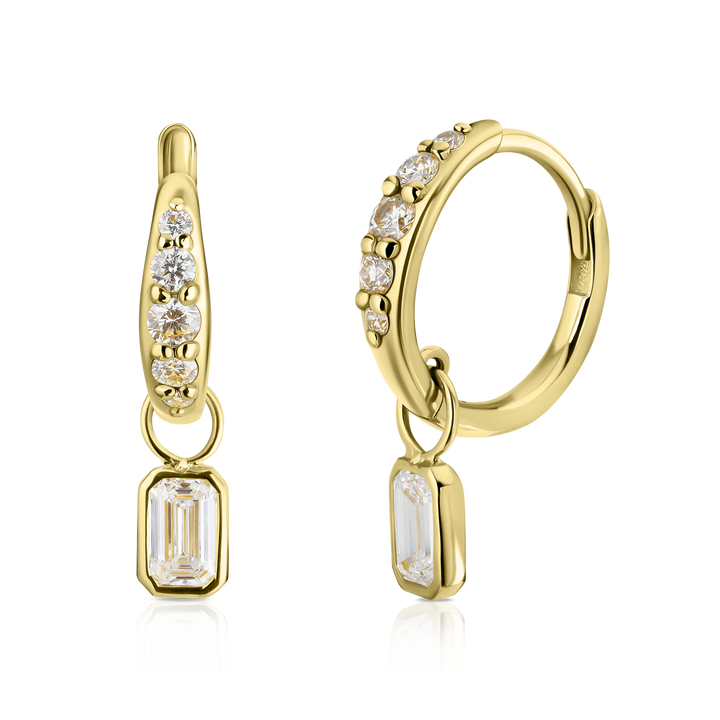 Emerald Cut Diamond Charm Pave Huggie Hoops