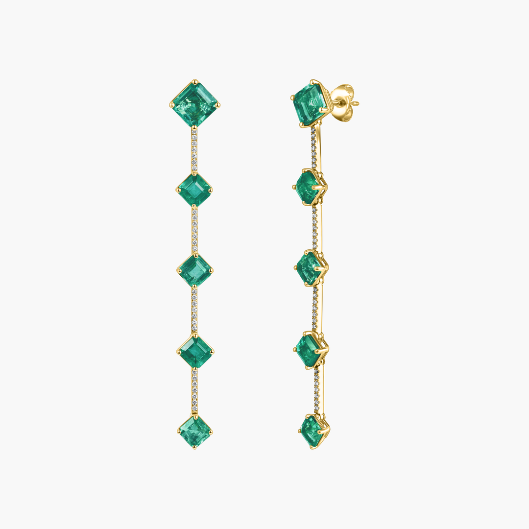 Long Asscher Cut Emerald Pave Drop Earrings