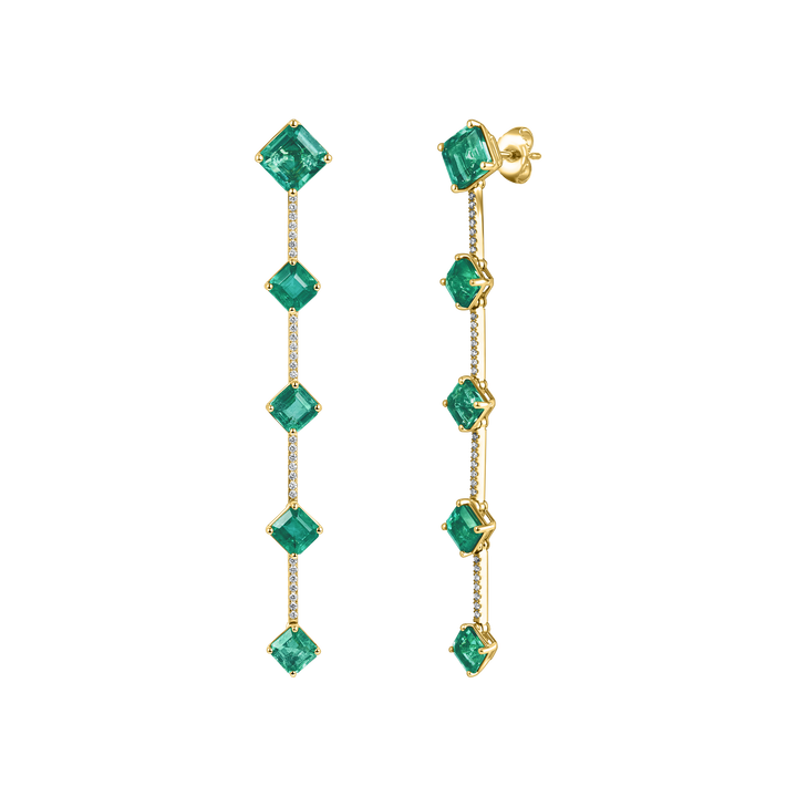 Long Asscher Cut Emerald Pave Drop Earrings