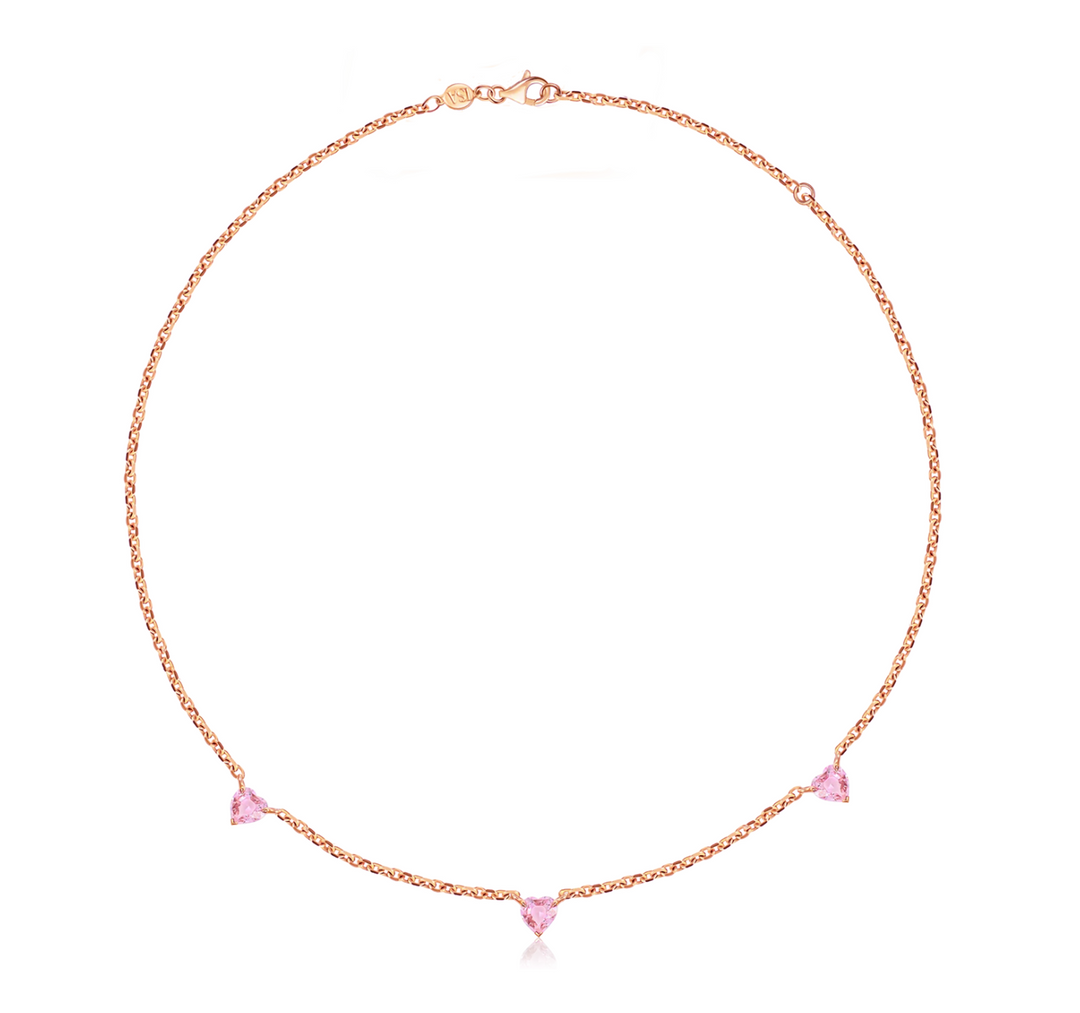 Three Stone Pink Sapphire Heart Necklace