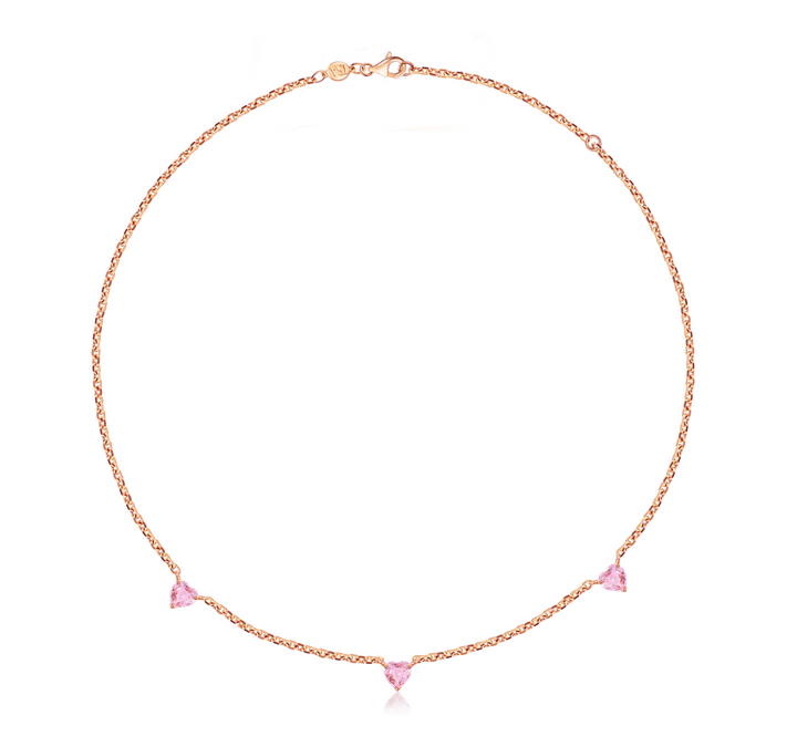 Three Stone Pink Sapphire Heart Necklace