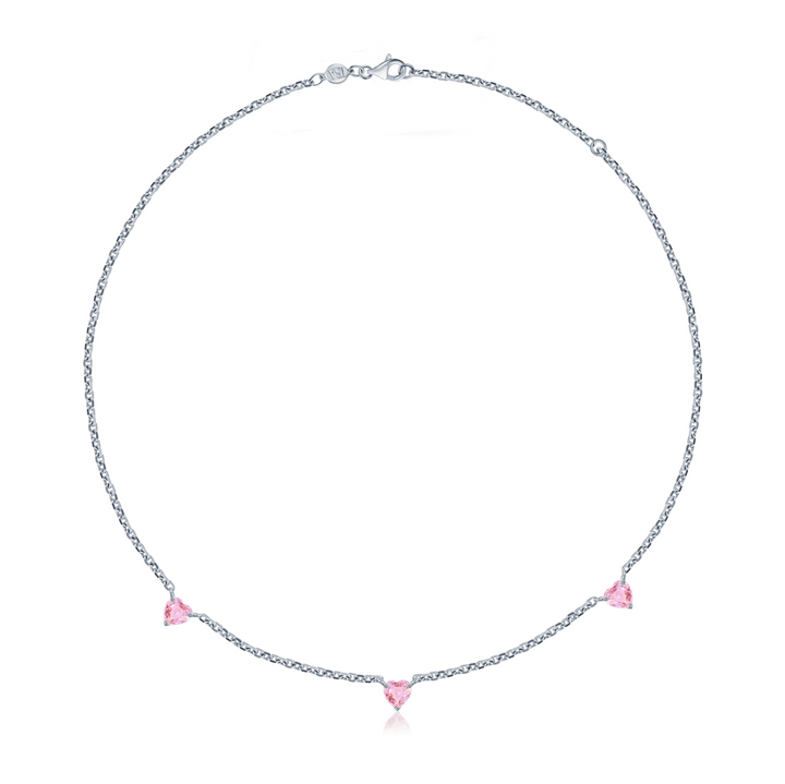 Three Stone Pink Sapphire Heart Necklace