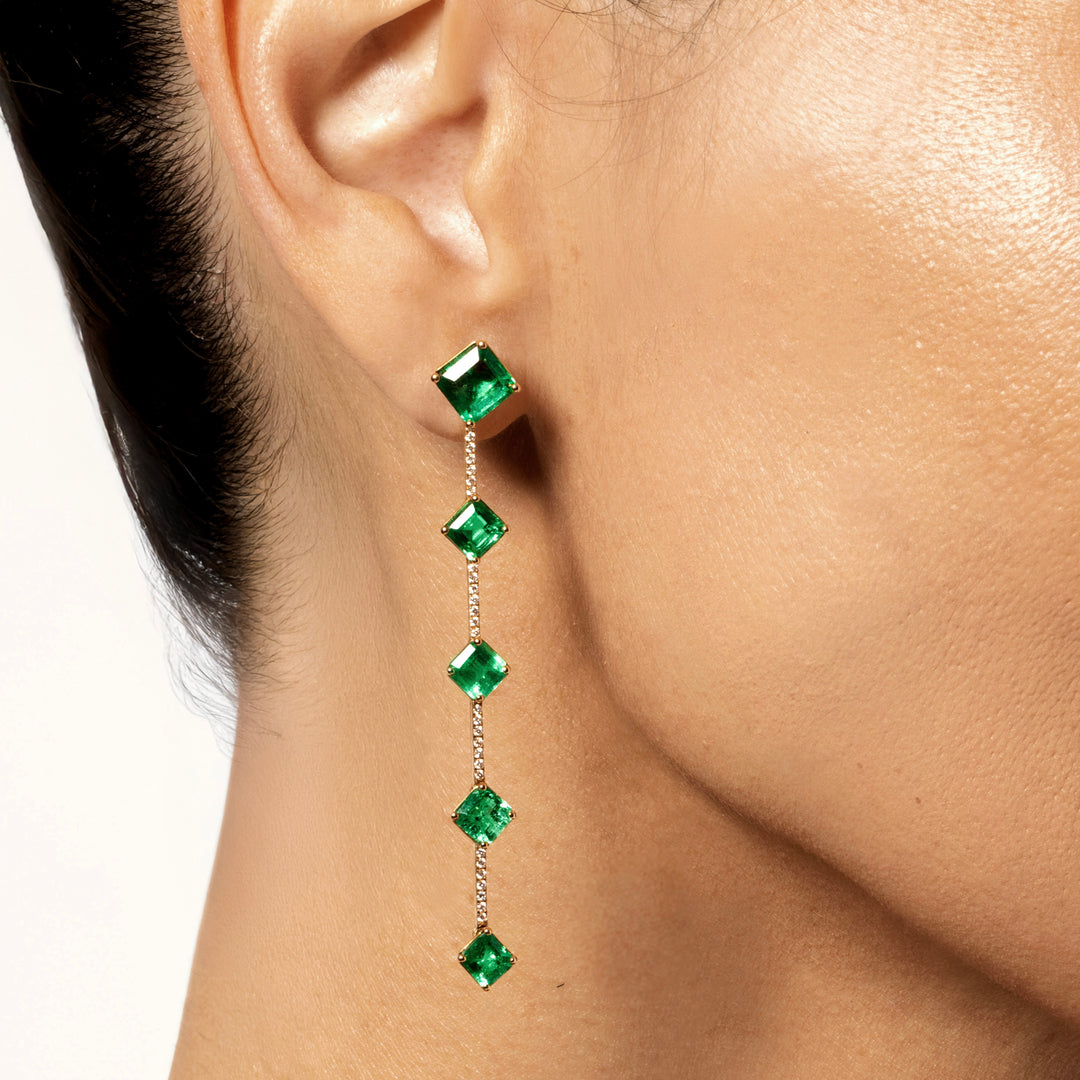 Long Asscher Cut Emerald Pave Drop Earrings