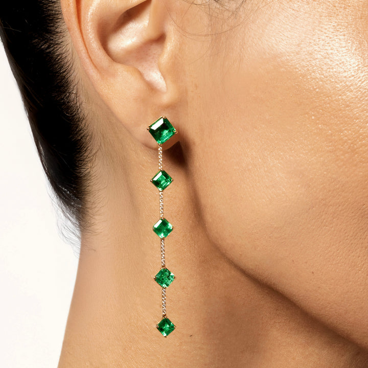 Long Asscher Cut Emerald Pave Drop Earrings