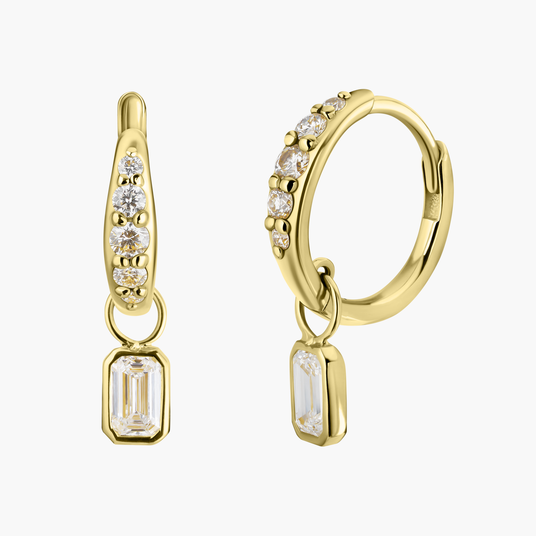 Emerald Cut Diamond Charm Pave Huggie Hoops