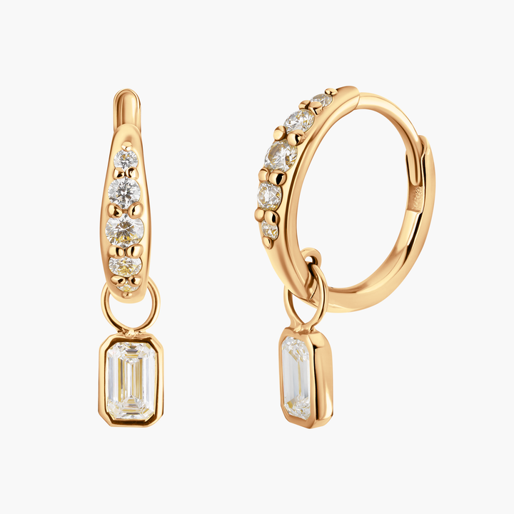 Emerald Cut Diamond Charm Pave Huggie Hoops