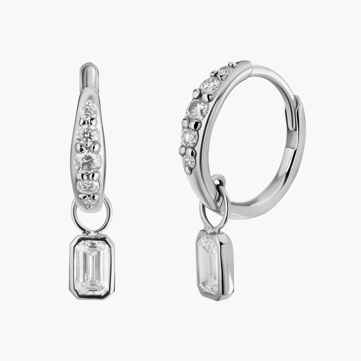 Emerald Cut Diamond Charm Pave Huggie Hoops